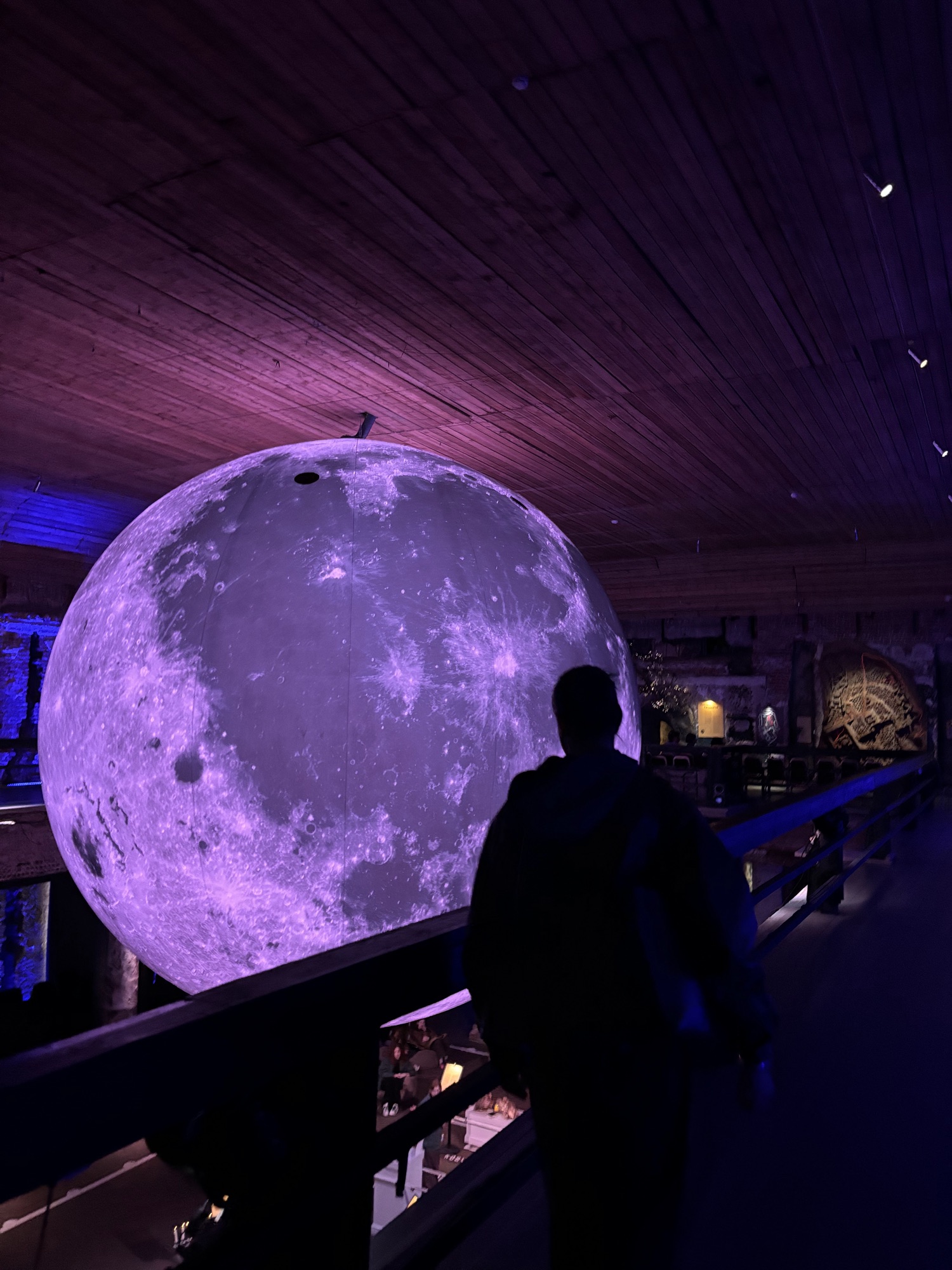 A figure standing at a railing in a dark hall, looking up at a giant illuminated moon lit in purple